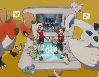 1boy 1girl apricorn backwards_hat baseball_cap beak bird black_hair blue_overalls blush bow brown_eyes brown_hair celebi chikorita closed_eyes closed_mouth cyndaquil emoticon ethan_(pokemon) flying gen_2_pokemon handheld_game_console hat hat_bow highres ho-oh jacket legendary_pokemon long_hair long_sleeves lugia lyra_(pokemon) marill mikakami1e mythical_pokemon newsboy_cap nintendo nintendo_ds open_mouth overalls pants pichu pokemon pokemon_(creature) pokemon_hgss red_jacket red_shirt ribbon screen shirt short_hair shrine smile thighhighs togetic twintails white_hat white_thighhighs wings yellow_bag