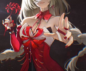 Rule 34 | 1girl, bandage over one eye, bare shoulders, braid, breasts, commentary, crying, detached sleeves, dress, earrings, eyes out of frame, flower, grey hair, halter dress, halterneck, head out of frame, holding, holding flower, jewelry, long hair, low twin braids, nail polish, nervi fd, phrolova (wuthering waves), reaching, reaching towards viewer, red dress, red flower, red nails, single detached sleeve, small breasts, solo, spider lily, twin braids, wuthering waves