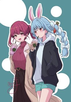 Rule 34 | 2girls, absurdres, animal ear fluff, animal ears, black jacket, blue shorts, bow, braid, breasts, brown coat, brown eyes, brown skirt, carrot hair ornament, coat, commentary request, cup, disposable cup, drinking straw, food-themed hair ornament, grey hoodie, hair bow, hair ornament, hand in pocket, heterochromia, highres, holding, holding cup, hololive, hood, hood down, hoodie, houshou marine, jacket, kiritoma, long hair, long sleeves, medium breasts, multiple girls, open clothes, open coat, open jacket, outline, pleated skirt, puffy long sleeves, puffy sleeves, rabbit ears, red eyes, red hair, red sweater, ribbed sweater, shorts, signature, skirt, sweater, turtleneck, turtleneck sweater, twin braids, twintails, usada pekora, virtual youtuber, white bow, white outline