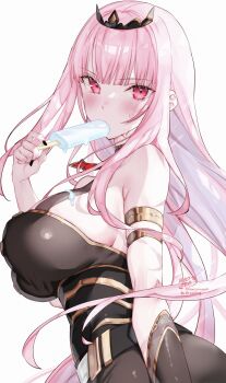 1girl absurdres armlet bare_shoulders belt black_belt black_dress black_nails black_tiara blush breasts commentary dress eating english_commentary fingernails food highres holding holding_food holding_popsicle hololive hololive_english jewelry kamiya_maneki large_breasts long_hair looking_at_viewer mori_calliope mori_calliope_(1st_costume) nail_polish pink_eyes pink_hair popsicle signature simple_background single_bracer sleeveless sleeveless_dress solo sweat tiara twitter_username virtual_youtuber white_background