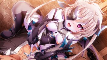 1boy 1girl abs assertive_female blush breasts breasts_out censored clothing_aside colored_skin cowgirl_position dark_exs-tia_cocytus eyepatch game_cg girl_on_top gloves guided_penetration hetero kamitsurugi_ouka kouyoku_senki_exs-tia_concert large_variant_set leotard leotard_aside long_hair mosaic_censoring nail_polish nipples non-web_source official_art open_mouth pale_skin penis purple_eyes pussy sex small_breasts smile solo_focus squatting_cowgirl_position straddling sugahara_touka thighhighs twintails vaginal variant_set