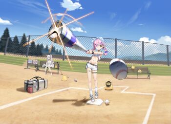 2girls :o absurdres artist_request azur_lane baby_animal bag ball bandaid bandaid_on_knee bandaid_on_leg bandaids_on_nipples baseball baseball_bat bench bird blue_sky blush bow bra bra_peek braid breasts chain-link_fence chick choker closed_mouth cloud cloudy_sky crop_top crop_top_overhang cross cross_hair_ornament cross_pasties day duffel_bag earrings eyepatch fence full_body grass grey_hair hair_between_eyes hair_bow hair_ornament hairclip highres holding holding_baseball_bat jewelry long_hair low_twintails manjuu_(azur_lane) midriff multicolored_hair multiple_girls navel non-web_source official_alternate_costume orange_eyes outdoors pasties pink_hair prinz_eugen_(azur_lane) shadow shirt shoes short_shorts shorts sidelocks sitting sky sleeveless sleeveless_shirt small_breasts sneakers socks sports_bra sportswear standing sticker sticker_on_face stomach streaked_hair thigh_strap thighs towel tree twin_braids twintails two-tone_hair underboob underwear v-shaped_eyebrows very_long_hair white_hair white_shirt white_shorts white_socks white_sports_bra wristband x_hair_ornament yellow_eyes youtube_logo z47_(azur_lane) z47_(batter_home_run)_(azur_lane)