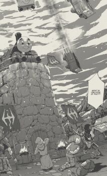 5boys axe banner castle crossover decapitation dovahkiin execution executioner highres holding holding_axe looking_at_another multiple_boys parody speech_bubble the_elder_scrolls the_elder_scrolls_v:_skyrim thomas_the_tank_engine thomas_the_tank_engine_(series) tyrone