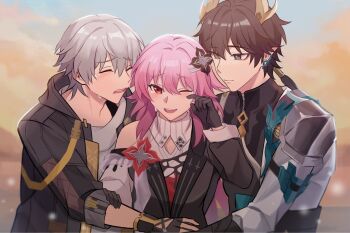 1girl 2boys black_coat black_dress black_flower black_gloves black_hair black_shirt blue_sky blurry blurry_background blush caelus_(honkai:_star_rail) chinese_clothes closed_eyes closed_mouth clothing_cutout coat commentary crying crying_with_eyes_open dan_heng_(honkai:_star_rail) dan_heng_(hunt)_(honkai:_star_rail) day dragon_boy dragon_horns dress earclip evernight_(honkai:_star_rail) eyeliner fingerless_gloves flower flower_ornament gloves green_eyes grey_hair hair_between_eyes hair_flower hair_ornament hairclip hand_on_own_face hand_up highres honkai:_star_rail honkai_(series) hood hooded_coat horns hug lapels long_hair long_sleeves low_ponytail low_twintails makeup march_7th_(honkai:_star_rail) multiple_boys official_alternate_costume official_alternate_hairstyle one_eye_closed open_clothes open_coat open_mouth outdoors p_ponpondayo pink_hair pointy_ears ponytail puffy_long_sleeves puffy_sleeves red_eyeliner red_eyes red_flower sad shirt short_hair shoulder_cutout sidelocks single_bare_shoulder sky smile symbol-only_commentary t-shirt tears teeth trailblazer_(honkai:_star_rail) twintails two-tone_dress upper_body white_coat white_dress white_shirt yellow_pupils zipper