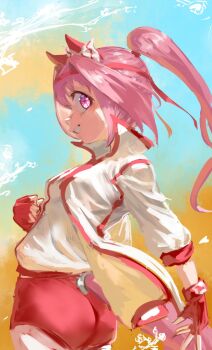 Rule 34 | 1girl, animal ears, ass, blush, bow, breasts, buruma, ear bow, ear covers, fingerless gloves, flower-shaped pupils, flower in eye, gloves, grin, hairband, haru urara (bestest prize) (umamusume), haru urara (umamusume), headband, highres, horse ears, horse girl, horse tail, inishie kumo, jacket, long hair, looking at viewer, open mouth, pink buruma, pink eyes, pink hair, pink headband, ponytail, red buruma, red gloves, red headband, shirt, small breasts, smile, solo, symbol-shaped pupils, symbol in eye, tail, teeth, umamusume, white jacket, white shirt