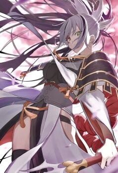 1girl absurdres armor black_hair blood blood_on_face breasts clothing_cutout cowboy_shot fate/grand_order fate_(series) green_eyes hair_between_eyes hakama hakama_pants high_ponytail highres hip_vent holding japanese_armor japanese_clothes lance layered_skirt long_hair looking_at_viewer mayoni medium_breasts multicolored_hair nagao_kagetora_(fate) pants polearm ponytail shirt shoulder_armor skirt sode solo two-tone_hair uesugi_kenshin_(first_ascension)_(fate) very_long_hair weapon white_hair