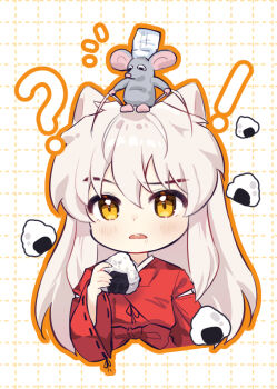 !? 1boy animal_ears blush chef_hat chibi cropped_torso dog_boy dog_ears drooling food grid_background hair_between_eyes hat holding holding_another&#039;s_hair holding_food inuyasha inuyasha_(character) japanese_clothes long_hair male_focus mouse_(animal) mouse_on_head mouth_drool onigiri open_mouth orange_eyes puppy_inuuu ratatouille red_shirt remy_(ratatouille) shirt sidelocks slit_pupils upper_body white_hair
