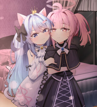 2girls ahoge animal_ears bed blue_eyes blue_hair blush blush_stickers bow cat_ears cat_tail charlotte_nekohime closed_mouth commission crown dress fish_hair_ornament hair_bow hair_ornament hair_ribbon highres holding_another&#039;s_arm indoors long_hair multiple_girls pillow pink_eyes pink_hair reqware ribbon short_hair standing star_(symbol) tail tiobax_aurorax virtual_youtuber