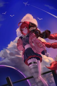 1girl absurdres ahoge aircraft airplane animal_on_back bird black_hat black_skirt blue_sky blush braid braided_twintails cardigan chest_bow closed_mouth cloud cowboy_shot crop_top fence from_side green_eyes guamo_0612 hair_ornament hand_up hat highres hollow_(zenless_zone_zero) kamanosuke_(zenless_zone_zero) layered_skirt long_hair midriff navel open_clothes outdoors pink_cardigan raccoon red_hair single_thighhigh skirt sky sphere_hair_ornament striped_clothes striped_thighhighs tanuki thigh_strap thighhighs ukinami_yuzuha white_bird white_thighhighs zenless_zone_zero