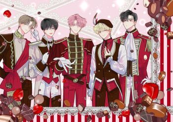 5boys belt beret black_eyes black_hair blonde_hair blue_eyes brown_hair candy chocolate chocolate_bar chocolate_heart closed_mouth ear_piercing epaulettes fukuhara_tamon gloves green_eyes hand_up hat heart ishibashi_natsuki jacket kai_rintarou long_sleeves multiple_boys one_eye_closed orange_eyes pants piercing pink_background pink_hair red_jacket red_pants sakaguchi_ouri shirt shiwasu_yuki smile tachibana_keito tamon-kun_ima_docchi!? valentine white_gloves white_shirt
