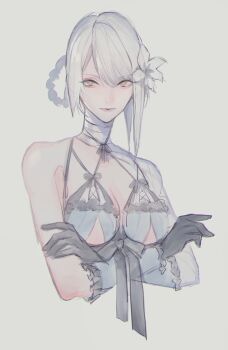 1girl bandaged_arm bandaged_neck bandages braid braided_hair_rings commentary_request hair_rings kaine_(nier) lingerie lunar_tear negligee nier nier_(series) nier_reincarnation samamiya_akaza single_bare_shoulder solo underwear white_hair