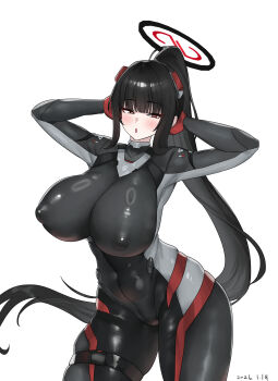Rule 34 | 1girl, absurdres, arm behind head, arms up, black bodysuit, black hair, black halo, blue archive, blush, bodysuit, breasts, bright pupils, commentary request, contrapposto, covered erect nipples, dated, halo, headgear, high ponytail, highres, huge breasts, impossible bodysuit, impossible clothes, latex, latex bodysuit, long hair, looking at viewer, multicolored halo, open mouth, ponytail, red eyes, ringed eyes, rio (armed) (blue archive), rio (blue archive), shangdi de fa zhang, simple background, skin tight, solo, two-tone halo, white background