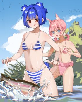 2girls :o animal_ear_fluff animal_ears artist_name bare_shoulders bear_ears bear_girl bear_tail bikini bikini_skirt blue_bikini blue_eyes blue_hair blue_sky blue_tail blunt_bangs blunt_ends blunt_sidelocks bob_cut breasts center-flap_bangs character_watermark cleavage closed_mouth cloud collarbone commentary concentrating copyright_notice cowboy_shot curled_fingers day dot_nose double-parted_bangs english_commentary extra_ears eyebrows_hidden_by_hair fish fishing frilled_bikini frills go!_go!_gris! gris_(go!_go!_gris!) groin hair_intakes hair_ornament hair_rings half_updo hands_up highres kohai_hime leaning_forward legs_apart light_blush long_eyelashes looking_at_animal looking_down medium_hair multicolored_bikini multiple_girls navel notice_lines open_hands open_mouth orange_eyes original outdoors parted_hair partially_submerged pink_bikini pink_tail pom_pom_(clothes) pom_pom_hair_ornament ponytail rabbit_ears rabbit_girl rabbit_tail raised_eyebrows short_hair short_ponytail short_tail side-tie_bikini_bottom sidelocks sky small_breasts smile splashing standing standing_on_one_leg string_bikini striped_bikini striped_clothes sweatdrop swimsuit tail thick_eyelashes thighs tongue tongue_out twitter_username two-tone_bikini wading walking water water_drop watermark wet white_bikini