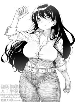 1girl arato_nagi belt blush breasts cleavage collared_shirt denim earrings gem greyscale highres jeans jewelry large_breasts long_hair long_sleeves looking_at_viewer monochrome onsoku_inu pants ruri_no_houseki shirt smile solo stud_earrings thighs