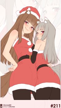 2girls absurdres animal_ears bare_shoulders belt black_belt blush breasts brown_hair commentary dress english_commentary grey_hair hat highres holo likunea long_hair mother_and_daughter multiple_girls myuri_(spice_and_wolf) patreon_logo patreon_username red_dress red_eyes santa_costume santa_dress santa_hat sidelocks simple_background small_breasts smile spice_and_wolf tail twitter_username twitter_x_logo wolf_ears wolf_girl wolf_tail zoom_layer