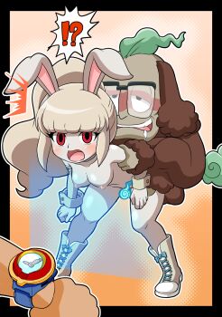 !? 1boy 1girl 1other absurdres animal_ears bestiality black_border blush boots border breasts censored commentary_request detached_sleeves drooling furry furry_female glasses grabbing_another&#039;s_arm half-closed_eyes hetero high_ponytail highres jinmenken jinmenken_(youkai_watch) large_breasts long_hair nazca_(rapid-rabbit&#039;s) nipples novelty_censor nude open_mouth ponytail rabbit_ears rabbit_girl red_eyes sex sex_from_behind sidelocks simple_background snowrabby standing watch youkai_(youkai_watch) youkai_watch youkai_watch_(object) youkai_watch_zero-shiki