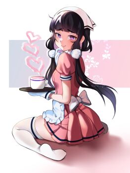 1girl apron artist_logo artist_name black_hair blend_s bow breasts closed_mouth commentary dress dress_bow finger_to_own_chin full_body gloves hat heart highres logo looking_at_viewer no_shoes pink_dress pleated_dress puffy_short_sleeves puffy_sleeves purple_eyes sakuranomiya_maika short_sleeves sidelocks sitting small_breasts smile solo stephringo stile_uniform thighhighs waist_apron wariza white_apron white_gloves white_hat white_thighhighs