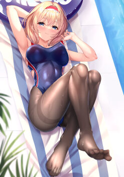 Rule 34 | alice margatroid, black pantyhose, blonde hair, blue eyes, blue one-piece swimsuit, breasts, competition swimsuit, covered navel, full body, hairband, highres, innertube, large breasts, ldfe mk2, looking at viewer, lying, one-piece swimsuit, pantyhose, pantyhose under swimsuit, red hairband, short hair, swim ring, swimsuit, thighband pantyhose, touhou