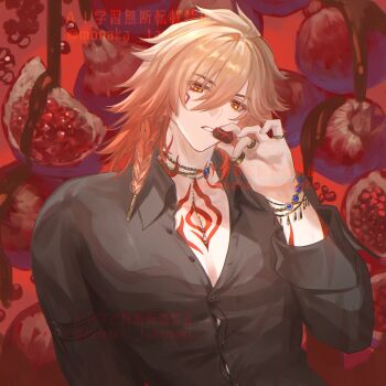 Rule 34 | 1boy, arm tattoo, armlet, black shirt, blonde hair, braid, chest tattoo, chocolate, collarbone, commentary, facial tattoo, gold necklace, gold ring, gradient hair, highres, honkai: star rail, honkai (series), jewelry, looking at viewer, male focus, medium hair, multicolored hair, multiple rings, mydei (hello world!) (honkai: star rail), mydei (honkai: star rail), necklace, official alternate costume, red hair, red tattoo, ring, shirt, side braid, solo, tanemaki monaka, tattoo, untranslatable commentary, upper body, watermark, yellow eyes