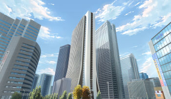 absurdres blue_sky building city commentary_request day highres lamppost melonpan_(meron_pan3939) no_humans original outdoors scenery sky skyscraper tree window