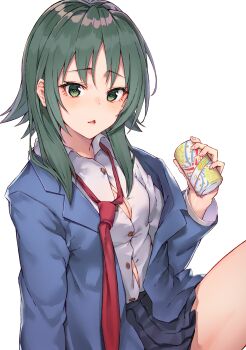 Rule 34 | 1girl, :<, atsuko (minami-ke), black cola, blazer, blue jacket, blue skirt, can, collared shirt, commentary request, dress shirt, female focus, fingernails, green eyes, green hair, hand up, head tilt, heart, heart-shaped pupils, highres, holding, holding can, jacket, knee up, long hair, long sleeves, looking at viewer, minami-ke, necktie, open clothes, open jacket, parted lips, pleated skirt, red necktie, shirt, sidelocks, simple background, sitting, skirt, solo, symbol-shaped pupils, triangle mouth, white background, white shirt