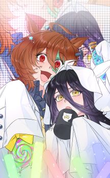 2girls :d absurdres agnes_tachyon_(tach-nology)_(umamusume) agnes_tachyon_(umamusume) artist_name black_hair black_necktie black_shirt bow brown_hair candy cloak coat coffee_mug collared_shirt commentary_request cup drinking earrings food ghost_costume glowstick hair_between_eyes halloween highres holding holding_cup holding_test_tube hood hooded_cloak iseo_12 jewelry korean_commentary lab_coat lollipop long_bangs long_hair long_hair_between_eyes long_sleeves manhattan_cafe_(umamusume) mug multicolored_hair multiple_girls necktie open_mouth penlight_(glowstick) red_eyes screen_zoom shirt short_necktie single_earring sleeves_past_fingers sleeves_past_wrists smile sparkle stitched_face stitches streaked_hair sweater_vest swirl_lollipop test_tube two-tone_hair umamusume watermark web_address white_cloak white_coat white_hair yellow_bow yellow_eyes yellow_sweater_vest zombification zoom_layer