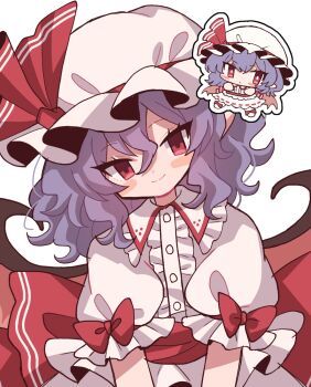 Rule 34 | 1girl, bat wings, bow, chibi, chibi inset, commentary, dress, dress bow, furiba 794, hair between eyes, hat, head tilt, highres, looking at viewer, medium hair, mob cap, multiple views, puffy short sleeves, puffy sleeves, purple hair, red bow, red eyes, remilia scarlet, short sleeves, simple background, smile, touhou, white background, white dress, white hat, wings
