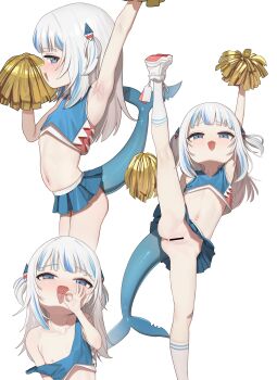 1girl absurdres arm_up armpits bandaid bandaid_on_knee bandaid_on_leg bar_censor blue_borscht blue_eyes blue_hair censored cheerleader colored_tips fangs fellatio_gesture female_focus fins fish_tail flat_chest gawr_gura grey_hair hair_ornament hairclip highres hololive hololive_english leg_lift loli long_hair looking_at_viewer looking_down midriff multicolored_hair multiple_views navel nipples no_bra no_panties open_mouth paid_reward_available pom_pom_(cheerleading) pussy shark_girl shark_tail sharp_teeth shoes short_twintails simple_background sneakers socks standing standing_on_one_leg strap_slip streaked_hair tail teeth tongue tongue_out twintails virtual_youtuber white_background white_socks
