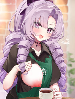 Rule 34 | 1girl, apron, black shirt, blurry, blurry background, blush, breasts, coffee, coffee mug, commentary request, cup, drill hair, festa11307070, green apron, hyakumantenbara salome, large breasts, long hair, mug, nijisanji, nipples, one breast out, open mouth, purple eyes, purple hair, shirt, smile, solo, upper body, virtual youtuber