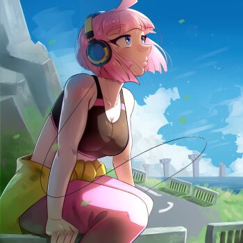 1girl absurdres bare_shoulders beat_(unbeatable) blue_eyes blue_sky blush breasts brown_jacket cleavage closed_mouth clothes_around_waist cloud collarbone commentary day english_commentary fluffkaiser from_side grass headphones highres jacket jacket_around_waist looking_up medium_breasts midriff navel outdoors pants pink_hair pink_pants ruins shirt short_hair sitting sky solo sports_bra tank_top unbeatable