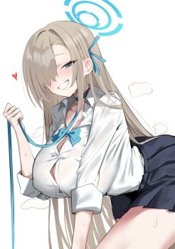 1girl absurdres asuna_(blue_archive) asuna_(school_uniform)_(blue_archive) bdsm black_skirt blonde_hair blue_archive blue_eyes blue_halo blush breasts button_gap choker cleavage collar collarbone covered_erect_nipples grin hair_over_one_eye halo highres kidou_aibioni kneeling large_breasts leash long_hair looking_at_viewer pleated_skirt shirt skirt slave sleeves_rolled_up smile solo steam thighs very_long_hair white_shirt