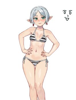 1girl absurdres alternate_hair_length alternate_hairstyle bikini breasts closed_mouth collarbone commentary cowboy_shot earrings english_commentary eyelashes fingernails frieren green_eyes hands_on_own_hips highres jewelry navel pointy_ears short_hair side-tie_bikini_bottom simple_background small_breasts smile sousou_no_frieren stomach striped_bikini striped_clothes swimsuit very_short_hair watcher_hollow white_background white_hair