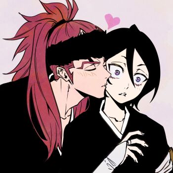 1boy 1girl abarai_renji black_hair black_headband black_kimono bleach blush closed_eyes closed_mouth collarbone commentary couple forehead_tattoo hair_between_eyes headband heart high_ponytail highres japanese_clothes kimono kiss kissing_cheek kuchiki_rukia long_hair n_(nauki_11) parted_lips ponytail purple_eyes red_hair short_hair simple_background surprise_kiss surprised symbol-only_commentary tattoo upper_body
