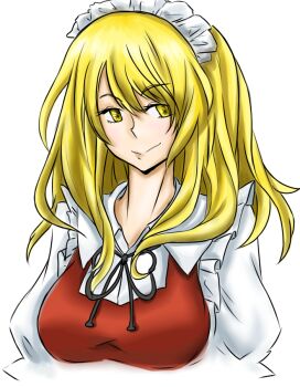 1girl blonde_hair breasts commentary dress hair_ornament lantrat666 long_hair maid maid_headdress medium_breasts portrait puffy_sleeves red_dress simple_background smile solo touhou touhou_(pc-98) white_background yellow_eyes yumeko_(touhou)