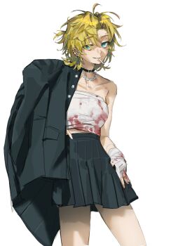 1girl aqua_eyes bandaged_hand bandages barbell_piercing bare_arms belt_collar black_collar black_jacket black_skirt blonde_hair blood blood_on_hands bloody_bandages breasts chain chain_necklace chest_sarashi chinese_commentary cigarette collar collarbone commentary_request cowboy_shot degrees_of_lewdity delinquent earrings eyebrow_piercing face_piercing grin hair_over_one_eye hand_on_own_thigh high-waist_skirt highres hoop_earrings jacket jacket_on_shoulders jewelry jitome lip_piercing looking_at_viewer medium_breasts messy_hair miniskirt multiple_earrings multiple_piercings necklace one_side_up parted_bangs piercing pleated_skirt raised_eyebrow sanpaku sarashi short_hair side_part simple_background skirt smile smirk smoking solo unworn_jacket white_background whitney_(degrees_of_lewdity) whitney_(female)_(degrees_of_lewdity) wushui_zhan_nao_geng
