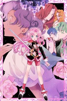 2boys 4girls arisugawa_juri bindi blue_eyes blue_hair chandelier closed_eyes commentary_request dark-skinned_female dark_skin drill_hair epaulettes flower full_body green_hair hano_luno highres himemiya_anthy holding holding_sword holding_weapon jacket kaoru_miki kiryuu_touga long_hair multiple_boys multiple_girls pink_flower pink_hair pink_rose puffy_short_sleeves puffy_sleeves purple_hair red_hair red_shorts red_socks rose saionji_kyouichi school_uniform short_hair short_sleeves shorts shoujo_kakumei_utena socks sword tenjou_utena twitter_username weapon
