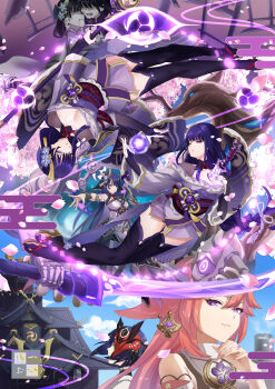 5girls absurdres animal_ear_piercing animal_ears architecture bare_shoulders bird_girl blue_hair blue_sky blunt_bangs braid bridal_gauntlets cherry_blossoms closed_mouth cloud cloudy_sky commentary_request crying day death detached_sleeves drawing_sword dual_persona dying east_asian_architecture electricity engulfing_lightning_(genshin_impact) falling_petals fan_hair_ornament floating fox_ears fox_girl from_side genshin_impact glowing glowing_sword glowing_weapon hair_between_eyes hair_ornament highres holding holding_orb holding_polearm holding_sword holding_weapon human_scabbard japanese_clothes jewelry kimono kujou_sara long_braid long_sleeves looking_to_the_side makoto_(genshin_impact) mask mask_on_head mitsudomoe_(shape) mole mole_under_eye multiple_girls musou_isshin_(genshin_impact) neck_ribbon open_mouth orb outdoors pendant petals pink_hair pink_nails polearm purple_eyes purple_hair purple_kimono purple_nails raiden_shogun raiden_shogun_(magatsu_mitake_narukami_no_mikoto) ranta_rion red_mask red_ribbon red_sash ribbon sad sash shaded_face siblings single_braid sisters sky spoilers standing statue swept_bangs sword sword_between_breasts tomoe_(symbol) tree twins weapon yae_miko yellow_eyes