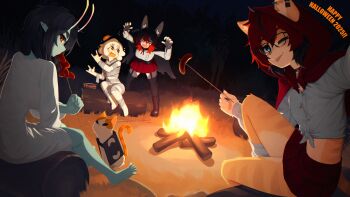 4girls ;p \m/ absurdres aeiou_(yoako) animal_ear_piercing animal_ears animal_nose bandages bare_legs barefoot blue_eyes blue_skin body_fur campfire capelet cat cat_ears cat_girl cat_tail colored_skin commentary double_\m/ egg_(lemyawn) english_commentary feet fingerless_gloves fire food furry furry_female gloves grass halloween halloween_costume happy_halloween highres hood hood_up hooded_capelet log long_sleeves looking_at_viewer looking_back miniskirt multiple_girls naked_bandage nico_nico_nii night one_eye_closed original outdoors pleated_skirt pointy_ears reaching reaching_towards_viewer red_capelet red_eyes red_hair red_skirt sasha_(yoako) sausage shirt sitting_on_log skirt surprised tail tied_shirt toes tongue tongue_out wavy_mouth white_shirt white_skin yoako