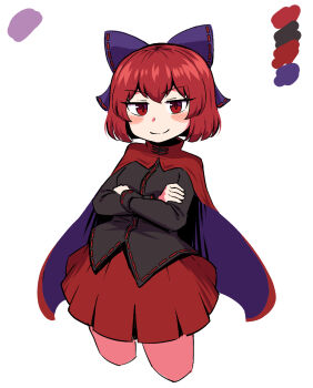 1girl black_shirt blush_stickers bow breasts cape cropped_legs crossed_arms hair_bow highres long_sleeves purple_cape red_cape red_eyes red_hair red_skirt red_trim ribbon-trimmed_bow ribbon-trimmed_shirt ribbon_trim sekibanki shinoda404 shirt simple_background skirt smile touhou two-sided_cape two-sided_fabric white_background