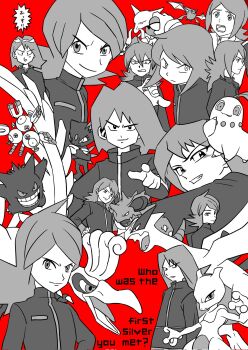 6+boys alakazam bat_wings chikorita claws crobat gen_1_pokemon gen_2_pokemon gengar gotcha! greyscale_with_colored_background highres ho-oh holding holding_poke_ball legendary_pokemon looking_at_viewer lugia magnet magneton male_focus mewtwo multiple_boys nidoking nintendo nisou_(omeshi_kuwasero) open_mouth poke_ball pokemon pokemon_(anime) pokemon_(classic_anime) pokemon_(creature) pokemon_adventures pokemon_generations pokemon_gsc pokemon_hgss pokemon_masters_ex pokemon_stadium red_background silver_(pokemon) sneasel wings