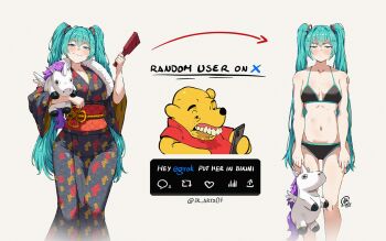 1girl aqua_eyes aqua_hair arrow_(symbol) bikini black_bikini black_kimono breasts cellphone commentary english_commentary floral_print floral_print_kimono grok_(xai) hatsune_miku japanese_clothes jk_arts kimono long_hair looking_at_viewer meme multiple_expressions phone pooh print_kimono signature small_breasts smartphone stuffed_winged_unicorn swimsuit twintails twitter's_edit_image_button twitter_username very_long_hair vocaloid white_background winnie_the_pooh