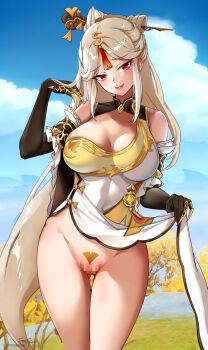 >:) 1girl artist_name bare_shoulders black_gloves blonde_pubic_hair blush breasts censored china_dress chinese_clothes claw_ring closed_mouth clothes_lift cloud cloudy_sky covered_navel cowboy_shot day dress dress_lift elbow_gloves female_pubic_hair foxyreine fur_collar genshin_impact gloves gluteal_fold hair_ornament hair_stick head_tilt highres large_breasts lifting_own_clothes mosaic_censoring ningguang_(genshin_impact) no_panties outdoors parted_bangs pelvic_curtain pubic_hair red_eyes red_lips signature silver_hair sky sleeveless sleeveless_dress smile smug solo tassel tattoo thigh_gap thighs v-shaped_eyebrows white_dress