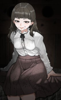 1girl arm_support black_ribbon breasts brown_eyes brown_hair closed_mouth commentary_request face_piercing fear_&amp;_hunger_(series) fear_&amp;_hunger_2:_termina feet_out_of_frame frilled_shirt_collar frills highres lips long_hair long_sleeves looking_at_viewer marina_(fear_&amp;_hunger) minami_no_uo-za mouth_piercing neck_ribbon piercing pink_skirt ribbon shirt shirt_tucked_in sitting skirt small_breasts solo vignetting white_shirt