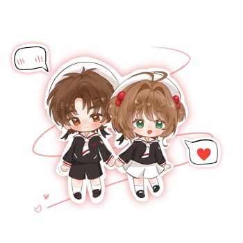 1boy 1girl absurdres ankle_socks antenna_hair ascot black_shirt black_shoes black_shorts blush brown_eyes brown_hair cardcaptor_sakura character_request check_character chibi chinese_commentary closed_mouth colored_tips commentary_request expressionless eyelashes green_eyes hair_bobbles hair_intakes hair_ornament happy hat heart hetero highres holding_hands kinomoto_sakura li_syaoran light_frown long_sleeves looking_ahead looking_at_viewer mary_janes medium_hair miniskirt multicolored_hair open_mouth outline parted_bangs pink_outline pleated_skirt poker puffy_long_sleeves puffy_sleeves sailor_collar sailor_hat school_uniform shirt shoes short_hair_with_long_locks shorts sidelocks simple_background skirt smile socks speech_bubble spoken_blush spoken_heart string string_of_fate tomoeda_elementary_school_uniform two_side_up uwabaki white_ascot white_background white_hat white_outline white_sailor_collar white_skirt white_socks yitiaoanjingderyu
