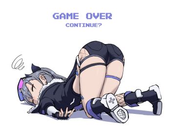 1girl absurdres ass bandaid bandaid_on_leg black_gloves black_jacket black_shoes black_shorts closed_eyes defeat earrings eyewear_on_head fishnet_shorts fishnet_socks fishnets fur-trimmed_jacket fur_trim game_over gloves gradient-tinted_eyewear grey_hair grimmelsdathird highres honkai:_star_rail honkai_(series) jacket jewelry long_hair ponytail purple-tinted_eyewear shoes shorts silver_wolf_(honkai:_star_rail) socks thigh_strap tinted_eyewear top-down_bottom-up