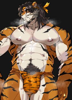abs animal_ears animal_print arknights armpit_hair armpit_hair_peek bara beard bulge cowboy_shot facial_hair furry furry_male headband highres huai_tianpei_(arknights) large_bulge large_pectorals long_hair looking_to_the_side male_focus mature_male muscular muscular_legs muscular_male navel navel_hair nipples pectorals ppyong print_fundoshi standing steaming_body stomach strongman_waist sweat thick_beard thick_eyebrows thick_navel_hair thighs tiger_boy tiger_ears tiger_print topless_male veins veiny_arms yellow_eyes yellow_headband