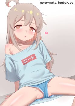 1girl absurdres ahoge anus anus_peek commentary_request heart highres loli long_hair nora_neko_(fjya7473) off_shoulder onii-chan_wa_oshimai! oyama_mahiro paid_reward_available panties panty_peek shirt shorts sitting solo spread_legs underwear upshorts