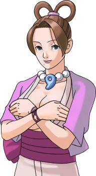 Rule 34 | 1girl, ace attorney, aged up, arms under breasts, bead necklace, beads, bracelet, breasts, brown eyes, brown hair, cleavage, collarbone, covering breasts, covering privates, crossed arms, foot out of frame, formal clothes, grey eyes, hair rings, half updo, highres, jacket, japanese clothes, jewelry, kimono, large breasts, leaning forward, legs, light smile, lipstick, long hair, looking at viewer, magatama, magatama necklace, makeup, mature female, mia fey, mole, mole under mouth, necklace, open clothes, pearl fey, possessed, purple jacket, robe, sandals, short hair, short kimono, short sleeves, simple background, smile, solo, standing, tachi-e, third-party edit, toes, transparent background, upper body, white background, white kimono, wide sleeves, zouri