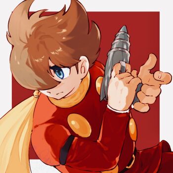 Rule 34 | 1boy, ahoge, belt, black belt, blue eyes, brown hair, closed mouth, coat, cyborg, cyborg 009, dynamic pose, gun, hair over one eye, highres, holding, holding gun, holding weapon, looking at another, male focus, military uniform, red coat, scarf, shimamura joe, soldier, upper body, weapon, yanaka 6009, yellow scarf