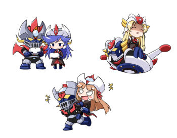 10s 3girls akou_roushi blonde_hair blue_hair brown_hair chibi gre-chan great_mazinger great_mazinger_(robot) grenda-san grendizer handheld_game_console long_hair mazinger_(series) mazinger_z mazinger_z_(mecha) mecha multiple_girls personification robot robot_girls_z smile ufo_robo_grendizer z-chan